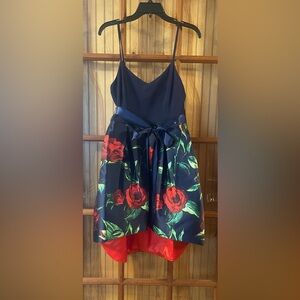 Social Code Navy Floral Fit-and-Flare Dress with Red Rose Print